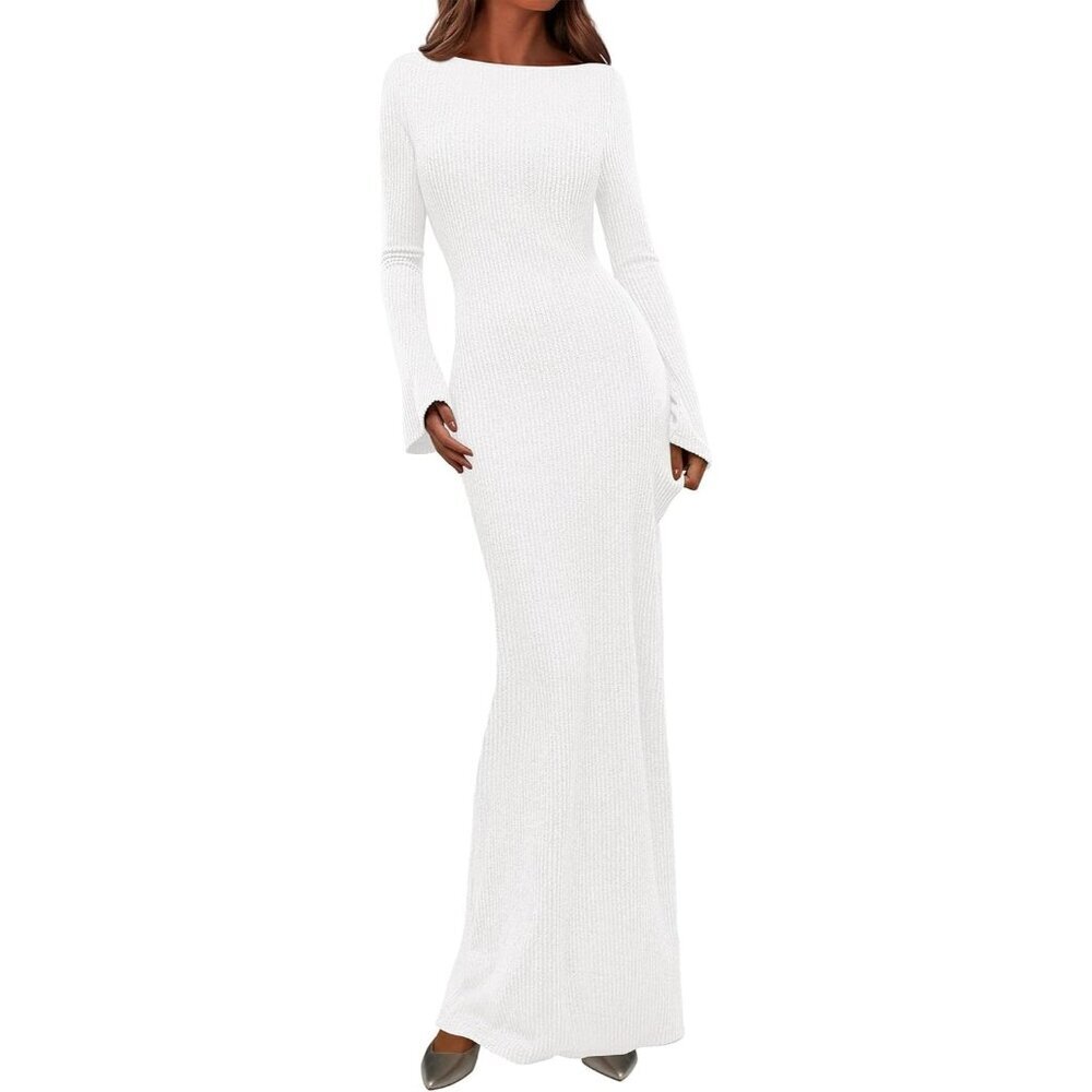 Women White Fall Fashion 2026 Long Sleeve Ribbed Bodycon Casual Maxi Dress